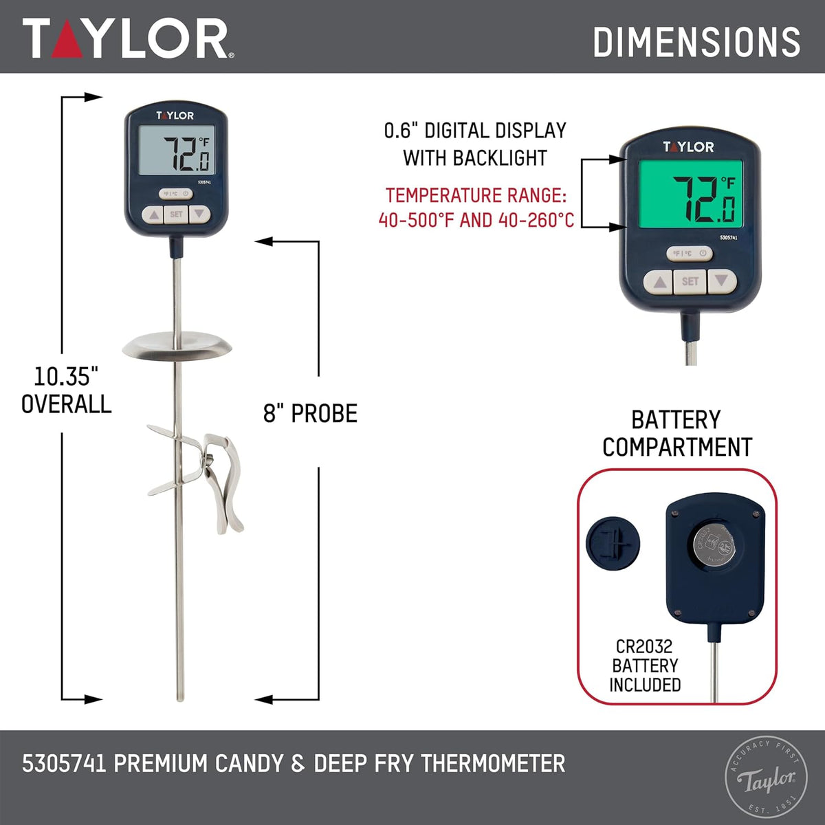 Taylor Programmable Digital Candy and Deep Fry Thermometer with Green Light Alert Display, Long Stem, and Adjustable Pan Clip, White