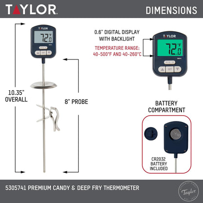Taylor Programmable Digital Candy and Deep Fry Thermometer with Green Light Alert Display, Long Stem, and Adjustable Pan Clip, White