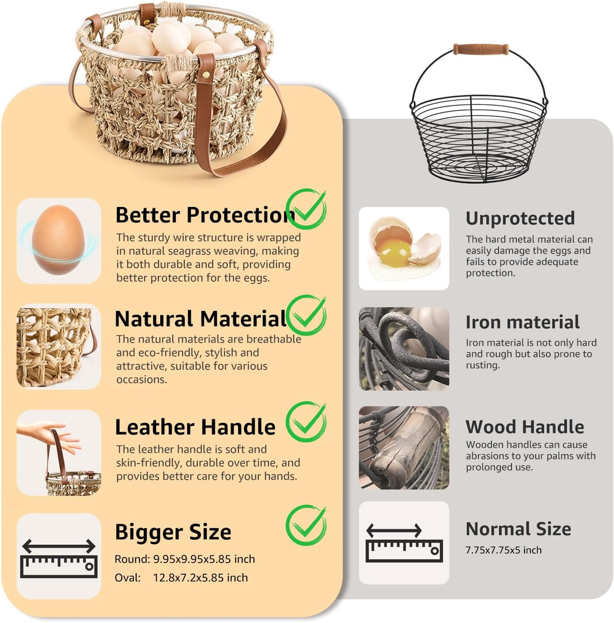 Egg Baskets for Collecting Fresh Eggs Farmhouse Handmade Wicker Hyacinth Egg Collecting Basket with Handle