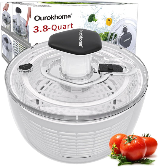 Ourokhome 6.3 QT Salad Spinner with Fully Removable Lid, Large Lettuce Dryer with One-Hand Press Pump, Instant Stop Brake Button and Retractable Handle, Vegetable Washer & Spinner for Greens and Herbs