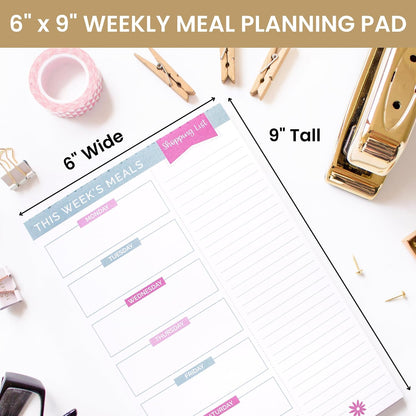 bloom daily planners Weekly Meal Planning Pad - Magnetic Hanging Refrigerator Menu Planner with Tear-Off Sheets & Perforated Grocery Shopping Lists - 6” x 9” (Grey & Pink)