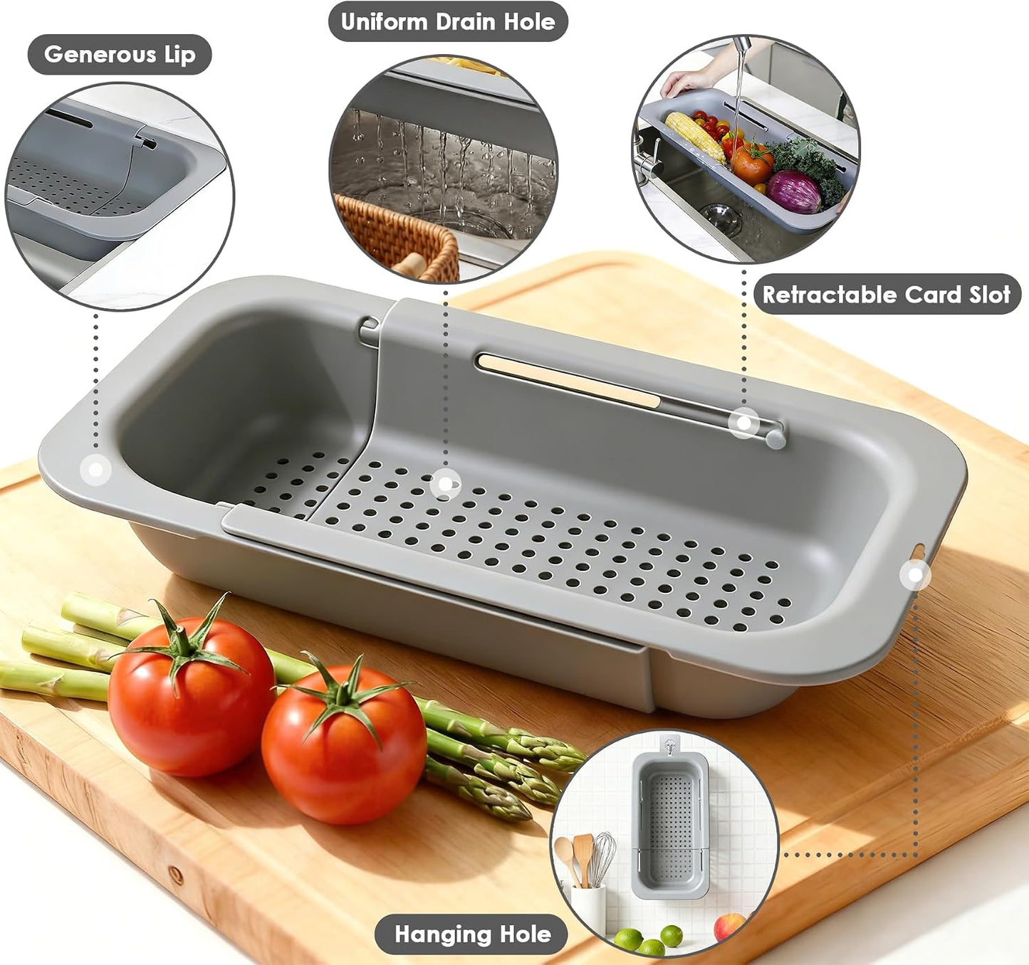 Extendable Colander Strainer Basket, Over the Sink Colander and Strainer for Kitchen, Wash Vegetables and Fruits, Drain Pasta and Dry Dishes, Adjustable Colander from 13.5In to 18.7In, Gray