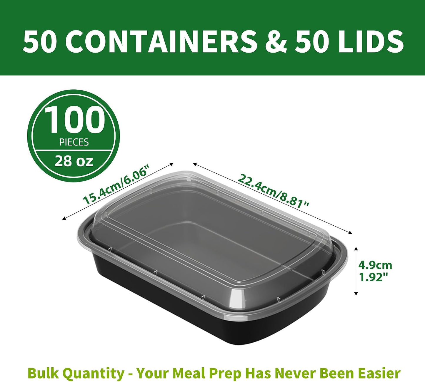 Meal Prep Containers, 50 Pack 58oz (100-Piece) Disposable Take Out Food Storage Containers with Leakproof Lids, Large Plastic To Go Lunch Boxes, BPA Free, Microwave/Dishwasher/Freezer Safe