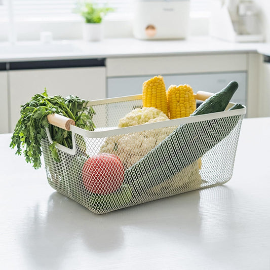 AJIODA Metal Mesh Steel Basket, Large Wire Storage Organizer Basket Multi-function Hanging Kitchen Baskets with Wood Handle for Kitchen Bathroom Picnic Home, Rectangle-Off White