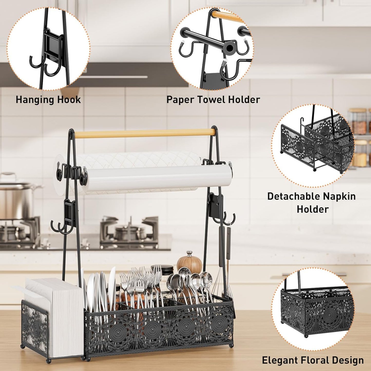 EKNITEY Outdoor Grill Caddy Organizer: Camping Kitchen Accessories Rack With Paper Towel - Utensil Condiment Storage For Patio Camper BBQ Party RV