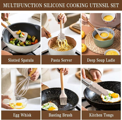 33-Piece Silicone Kitchen Cooking Utensils Set with Holder| Heat-Resistant | Non-Stick Cooking Utensils with Wooden Handles – BPA-Free Cookware Utensils set | Kitchen Tools Great for Gifting (GREEN)