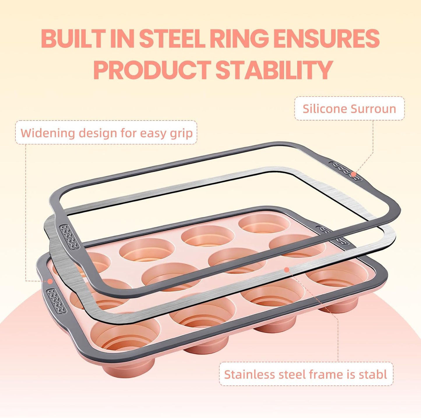 Silicone Muffin Pan, 12 Cups Non-Stick Cupcake Pan, Food-Grade BPA-Free Muffin Tin, Oven-Safe 450 °F, Reinforced Steel Frame, Easy-Grab Handles, Quick-Release 2.3" Baking Molds for Mini Treats