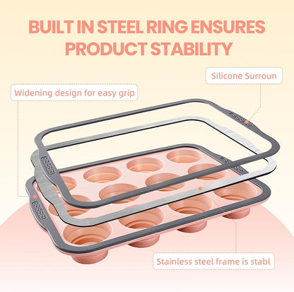 Silicone Muffin Pan, 12 Cups Non-Stick Cupcake Pan, Food-Grade BPA-Free Muffin Tin, Oven-Safe 450 °F, Reinforced Steel Frame, Easy-Grab Handles, Quick-Release 2.3" Baking Molds for Mini Treats