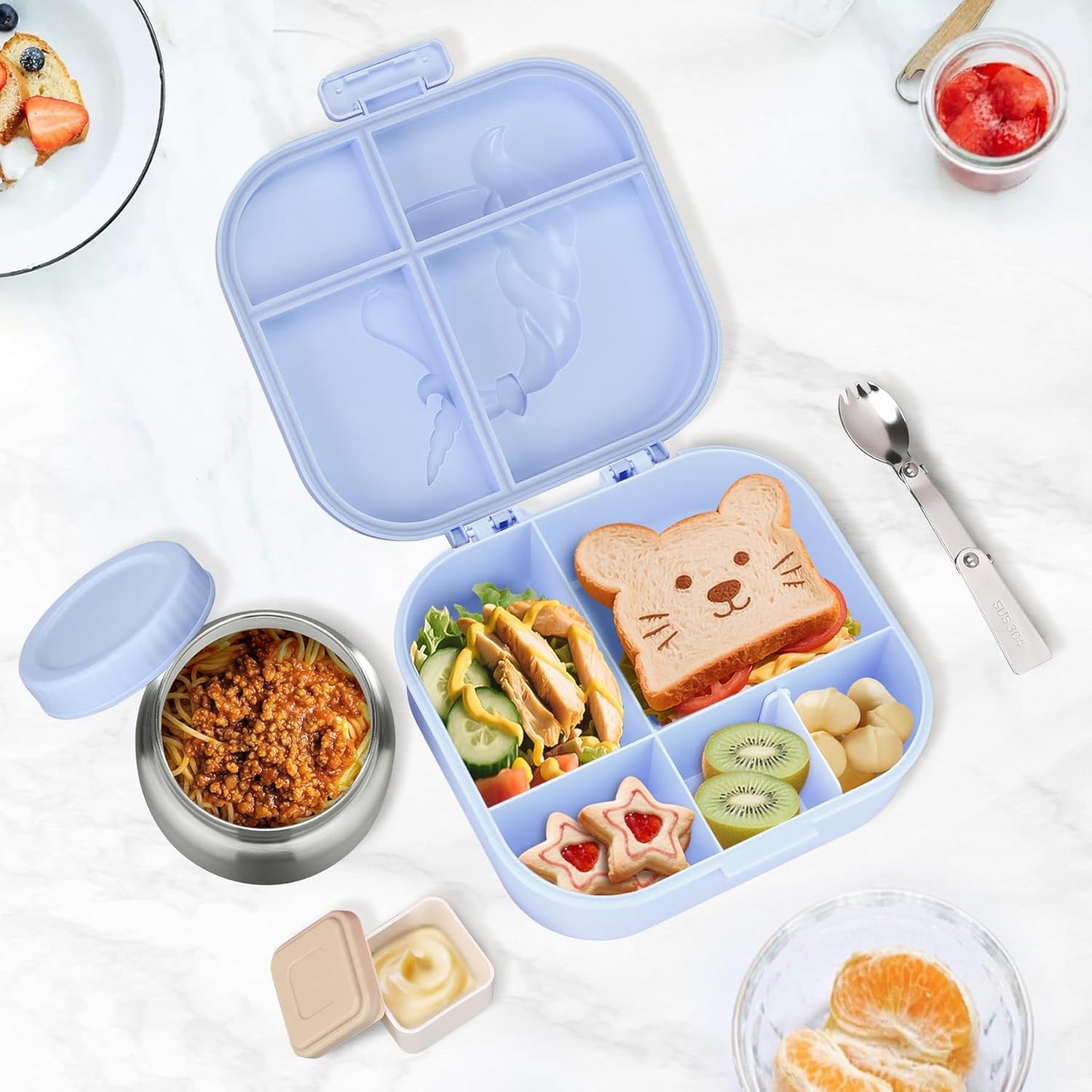 Aimsnk Magical Dinosaur Kids Lunch Box Set -12oz Insulated Food Jar, Leakproof Lunch Food Containers Cutlery, Leak-Proof Sauce Cup & Spoon, Gradient Green+Jar Green
