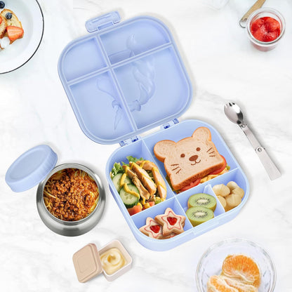 Aimsnk Magical Dinosaur Kids Lunch Box Set -12oz Insulated Food Jar, Leakproof Lunch Food Containers Cutlery, Leak-Proof Sauce Cup & Spoon, Gradient Green+Jar Green