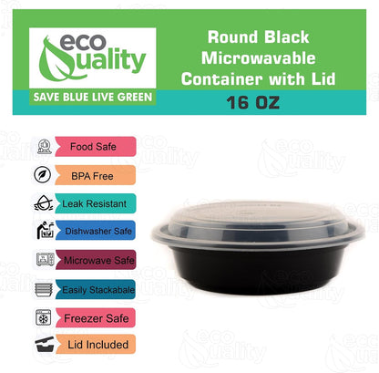 16 oz - 10 Count - Round Microwaveable Plastic Meal Prep Containers with Lids - Food Storage Container - Certified BPA-Free, Stackable, Reusable Microwave, Dishwasher, Freezer Safe, Disposable (Black)
