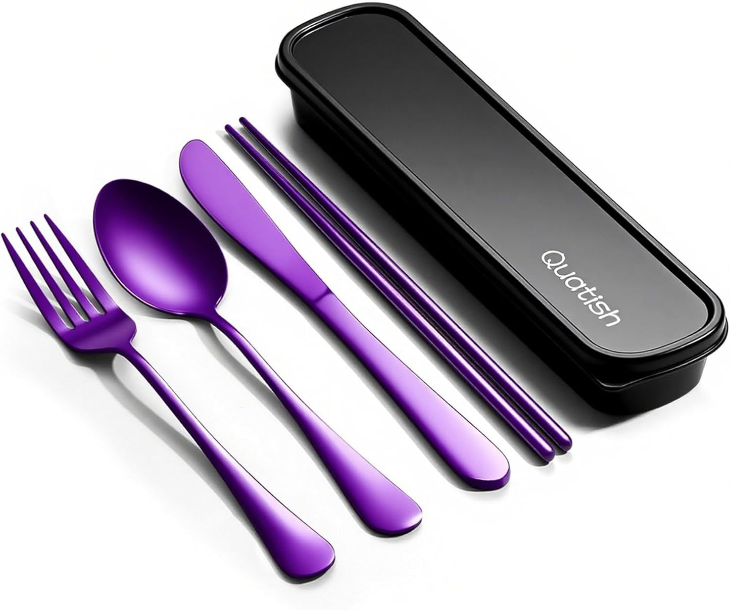 Travel Utensils with Case, Quatish 5 Piece Stainless Steel Silverware Set for Work, Portable Reusable Travel Cutlery Set, Fork and Spoon Set for Picnic, Camping, Gadgets, Lunch Box for Men, Rainbow