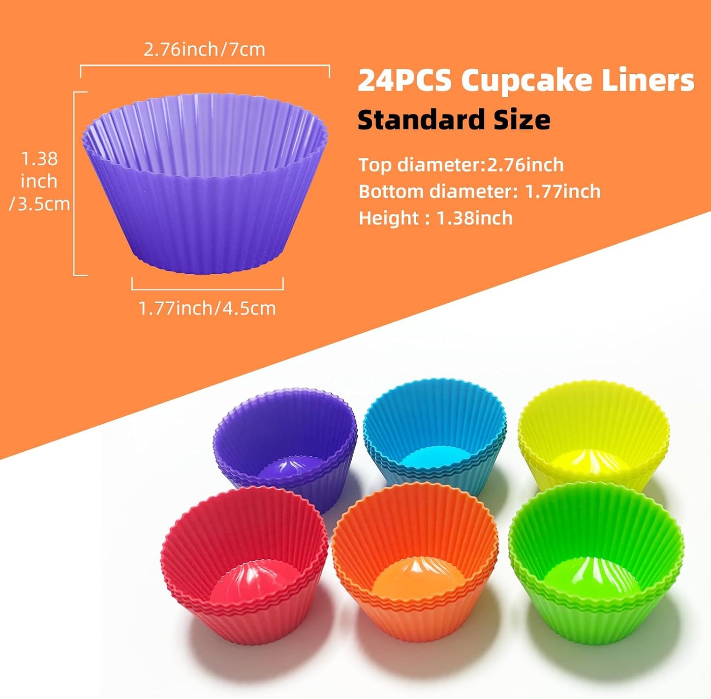 Silicone Cupcake Backing Cups 24 Pack - 2.8 Inches Reusable Muffin Molds for Cakes and Pastries, 6 Rainbow Colors