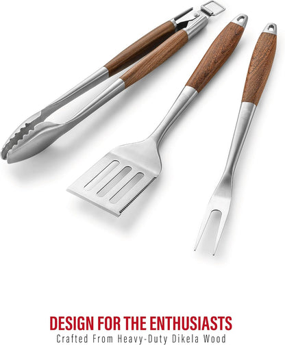 GRILAZ Heavy-Duty Rose Wooden BBQ Grilling Tools Set. Extra Thick Stainless Steel Multi-Function Spatula, Fork & Tongs | Essential Accessories for Barbecue & Grill. Ideal Gift for Father…