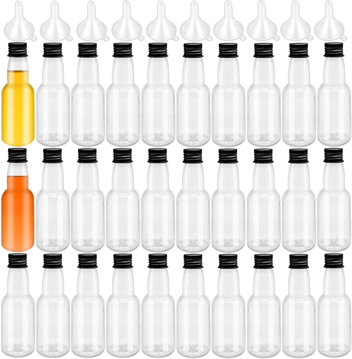 1.7oz Mini Liquor Bottles,50ml Plastic Spirit Alcohol Bottle with Black Cap,Miniature Sauce Bottles with 10 Funnels for Weddings,Party Supplies