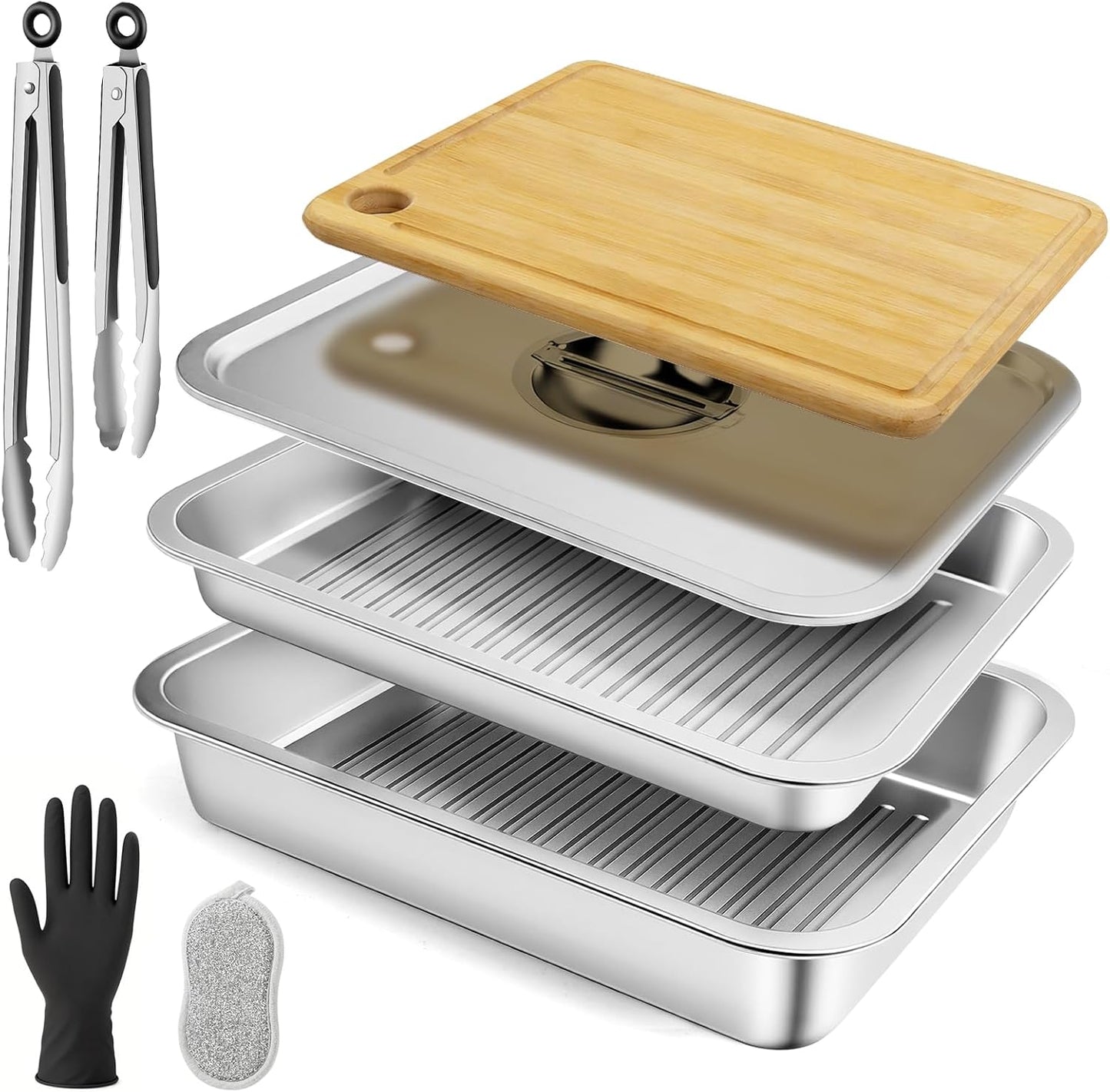 ENLOY 9-in-1 Stainless Steel Grilling Prep and Serve Trays Set, Large Capacity Food Prep Tray & Grill Carry System with Lid, Cutting Broad & 2 Food Tongs, Cleaning Cloth & 2 Gloves for Pickling Food