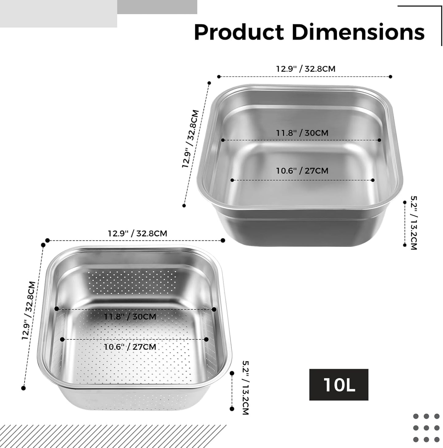 yeesport 2-in-1 Washing Up Bowl Set, Stainless Steel Dish Tub with Colander, Fruit Vegetable Washing Basin, Multi-purpose Bowl Kit for Washing and Draining Rice, Pasta, Food Strainer Mixing Bowl
