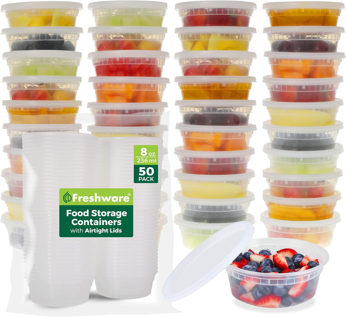 Freshware Food Storage Containers with Lids [60 Pack 8, 16, 32 oz, 20 sets each size] Plastic Deli Containers, Meal Prep Containers, Microwave and Freezer Safe, Stackable, Leakproof, BPA Free, Clear