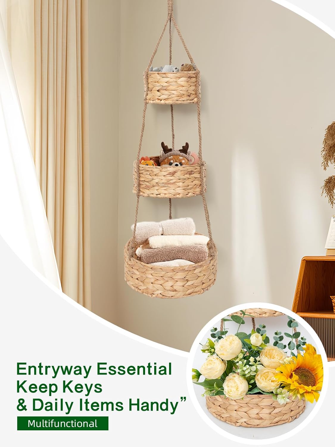 VerdantVibes Woven Wall Hanging Basket – 3-Tier Natural Water-Hyacinth Organizer for Boho Farmhouse Decor, Kitchen & Home Storage (37.4" x 11.2", Folds Flat)