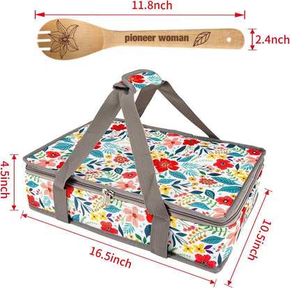 Pioneer Woman Style Insulated Casserole Carrier for Hot or Cold Food, Fits 9x13 Baking Dish,Floral Thermal Lasagna Lugger Tote with Oven Mitts and Pot Holders Set,Gift for Women, Mother's Day.3 PCS