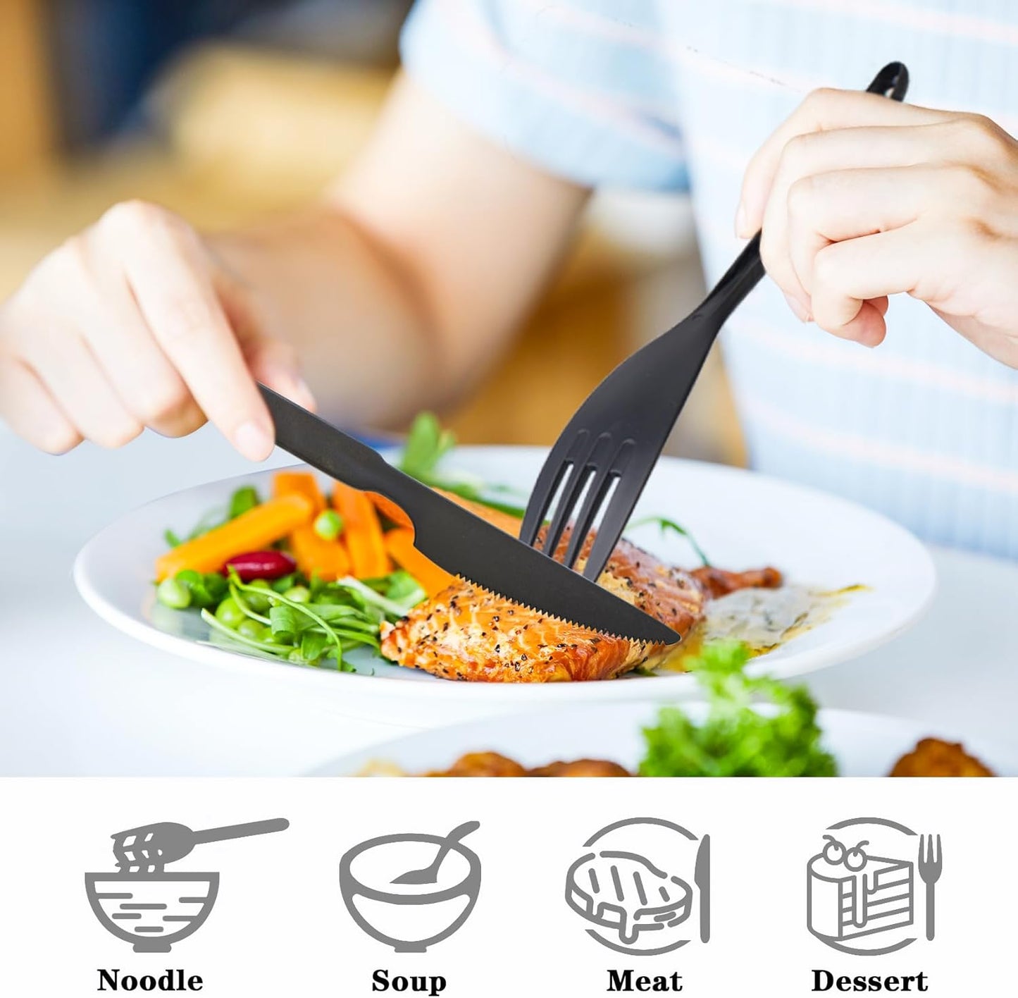 2 Sets Reusable Utensil Set with Case, Portable Plastic Spoons Fork Knife Camping Utensils for Lunch Box Accessories for Kids Adults Travel Picnic Camping Daily Use(Blue, Black)