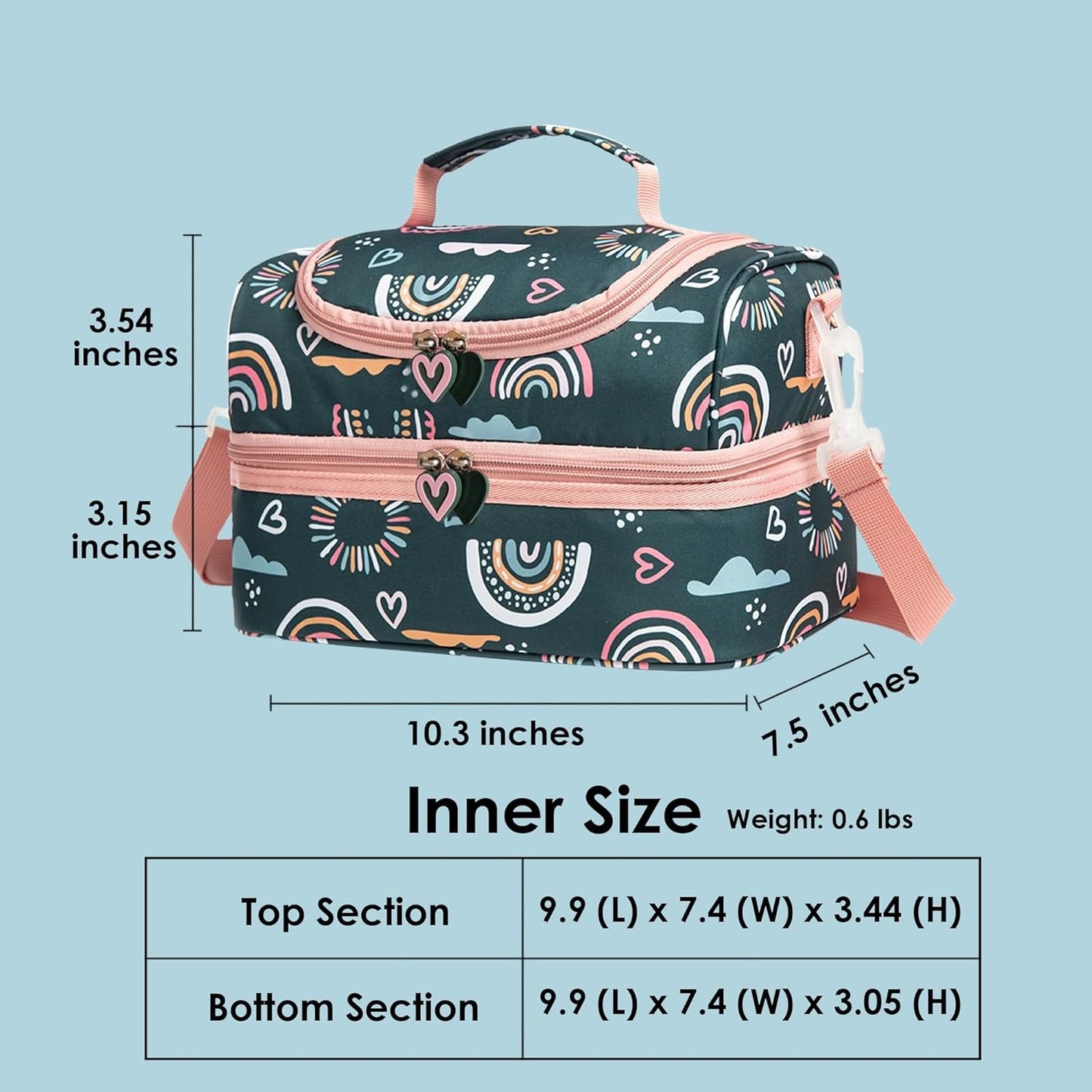 Insulated Kids Dual Compartment Lunch Bags Tote Pack for Girls Boys Toddler Kindergarten School Picnic Cooler Thermal Lunch Boxes with Strap (Green Rainbow)