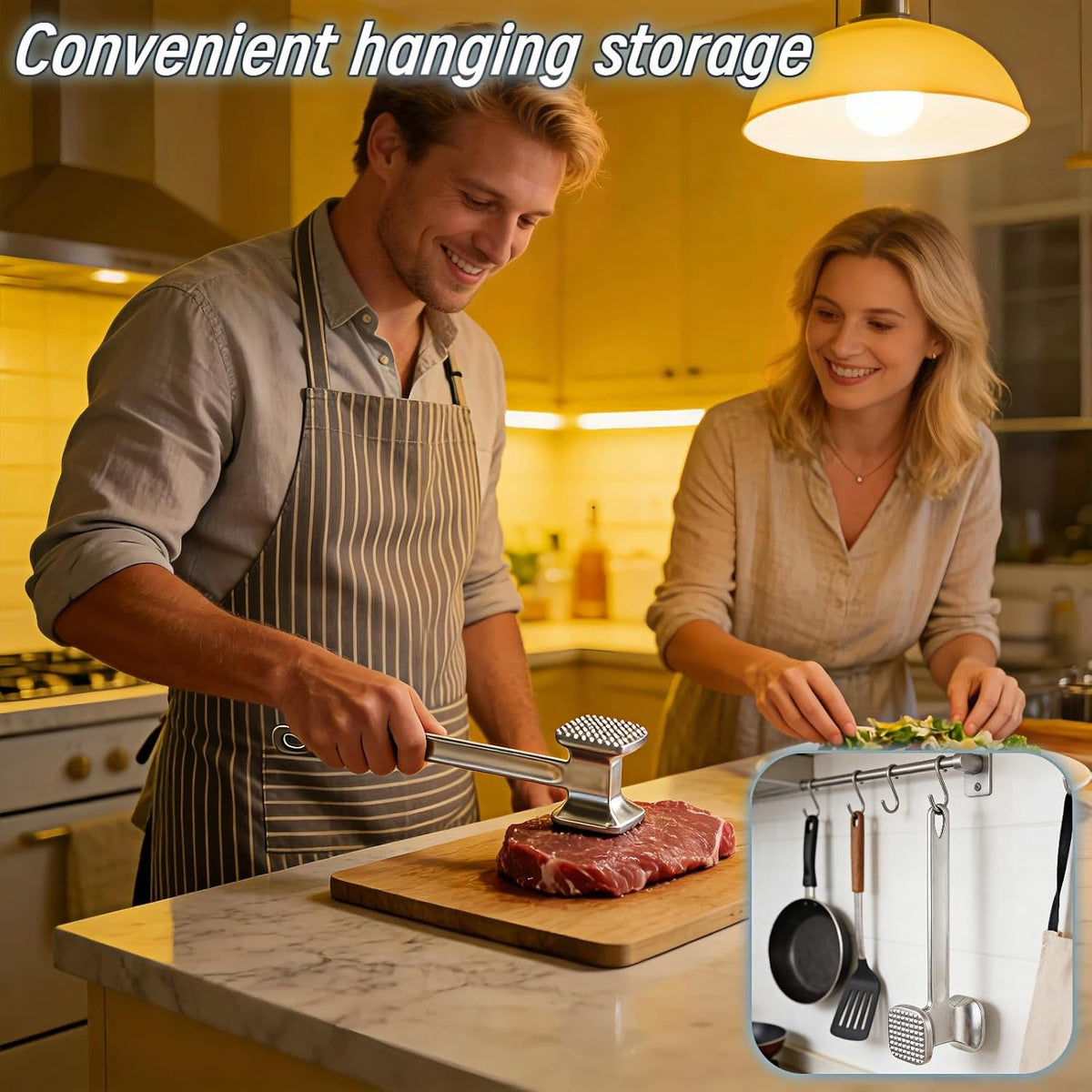 Meat Tenderizer Tool – Double-Sided Heavy Duty Mallet for Steak, Beef, Fish – Ergonomic Non-Slip Handle, Rustproof Aluminum, Easy Hang Storage