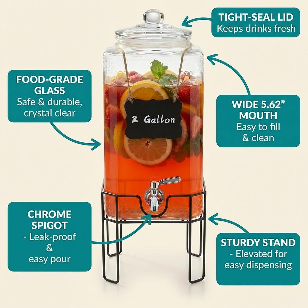 Drink Dispenser, Drink Dispensers for Parties, 1 Gallon Glass Beverage Dispenser with Stand and Glass Lid, 100% Leakproof Spigot, Ideal for Lemonade, Juice, Iced Tea, Laundry Detergent