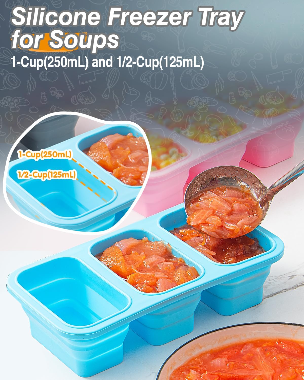 Silicone Freezer Trays With Lid, Stackable 1 Cup Silicone Freezer Molds, Easy To Use Soup Ice Cube Tray, Collapsible Freezing Molds for Meal Prep, Broth, Sauce, Leftovers, Soup Storage Gift Set