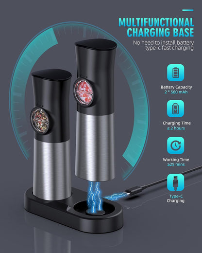 Gravity Electric Salt and Pepper Grinder Set, USB Rechargeable Automatic Salt and Pepper Grinders with Charging Base, Adjustable Coarseness, One-Handed Operation, LED Light, Stainless Steel