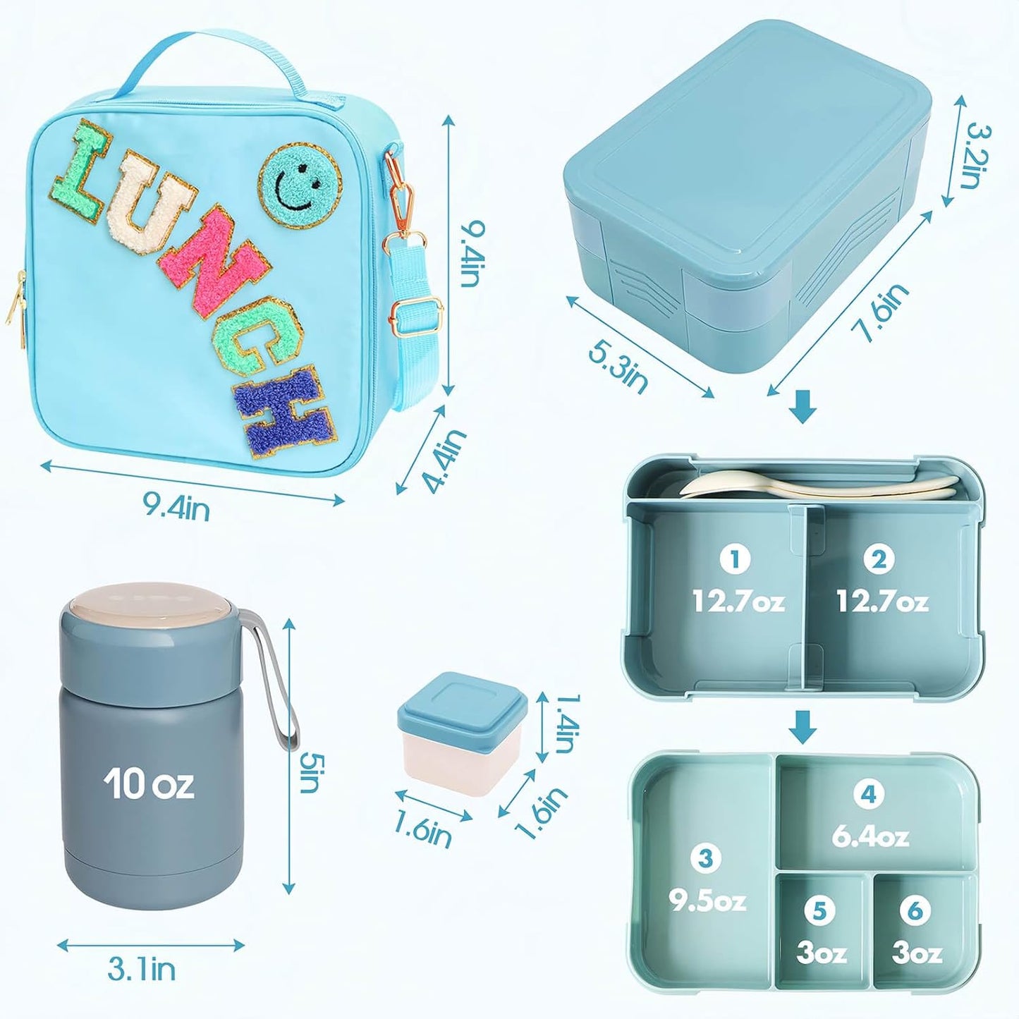 Insulated Lunch Bag for Boys Girls with 10oz Thermo, with 6 Compartment Bento Box, Black Nylon Preppy Lunch Box Adjustable Strap for Boy Girl Kids Teens School Travel Picnic