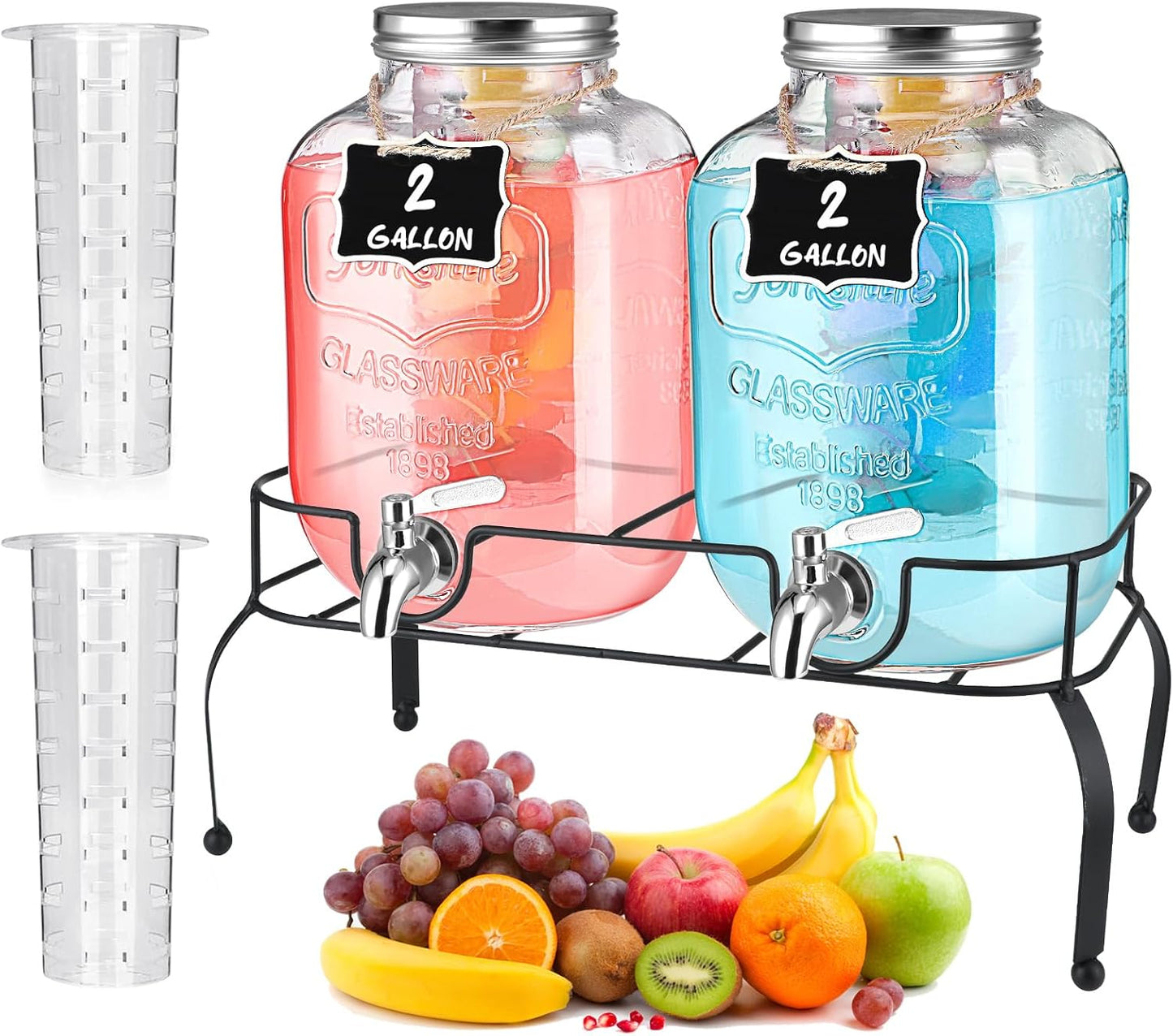 Lallisa 2 Pcs 2 Gallon Glass Drink Dispenser with Stand Ice Cylinder Hanging Chalkboard Signs 18/8 Stainless Steel Spigot Beverage Dispensers for Parties Mason Jar Drink Lemonade (Rose Gold)