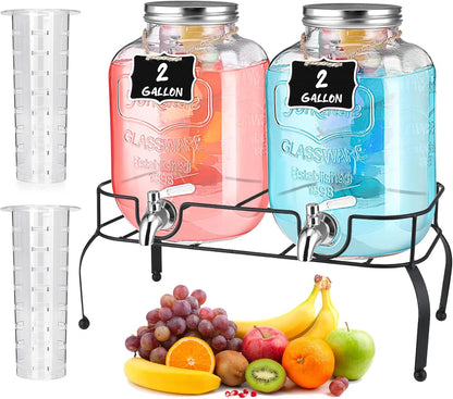 Lallisa 2 Pcs 2 Gallon Glass Drink Dispenser with Stand Ice Cylinder Hanging Chalkboard Signs 18/8 Stainless Steel Spigot Beverage Dispensers for Parties Mason Jar Drink Lemonade (Rose Gold)