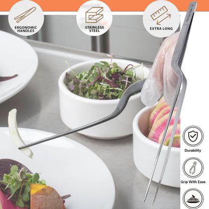 A2Z Offset Kitchen Tweezers, Stainless Steel Precision Tongs For Cooking, Fine Point Serrated Tips Multi-function Cooking Tongs Kitchen Serving Tong, Plates Garnish, Cake Decorating (10 inch)