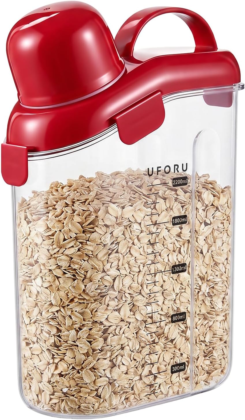 UFORU Cereal Containers Storage 2.1L, Airtight Rice Container with lids for grain, flour and beans, Pouring Spout & Handle, BPA-Free for Pet Food Storage(Cream White)