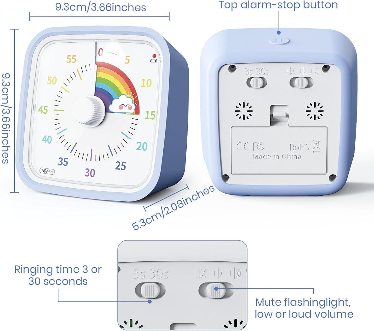 Yunbaoit Rainbow Visual Timer for Kids, 60-min Countdown Timer, Blue