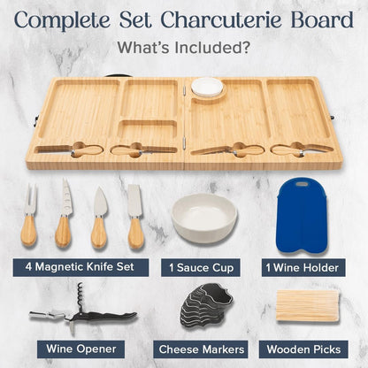 Charcuterie Boards Set - Large Bamboo Cheese Board with Charcuterie Accessories - Wooden Cheese Platter - Foldable Charcuterie Board for House Warming Gifts New Home & Wedding Gifts