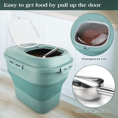 TIOVERY Dog Food Storage Container, Airtight Collapsible 13lb to 30lb Pet Food Container with Flip Top, Rolling Wheel, Scoop and 3L small container for Dog Cat Food and Dry Food of Rice, Flour