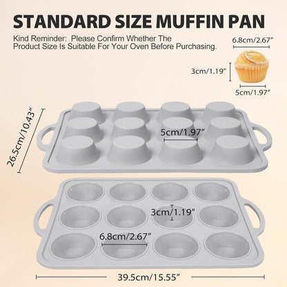 3Pcs Silicone Muffin Pan 6, 12 and 24 Cup with Metal Frame, Non Stick Jumbo Cupcake Pan with Handles, BPA Free Silicon Mini Muffin Tin Regular Tray For Baking,Egg Bites,Mold Light Grey