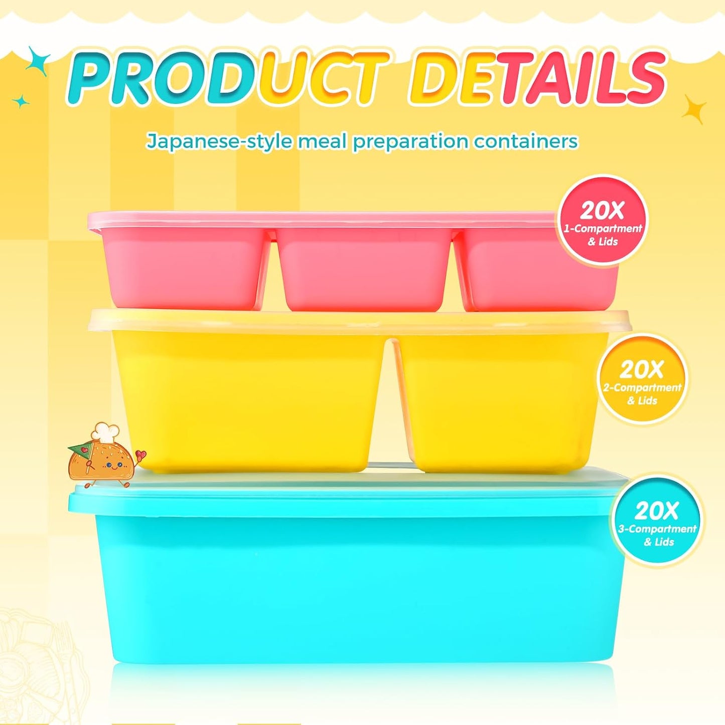 Honeydak 120 Piece Meal Prep Kit Reusable Meal Prep Containers with Dividers and Lids 1-Compartment, 2-Compartment, 3-Compartments Microwave, Freezer, Dishwasher Safe Pink, Yellow, Blue