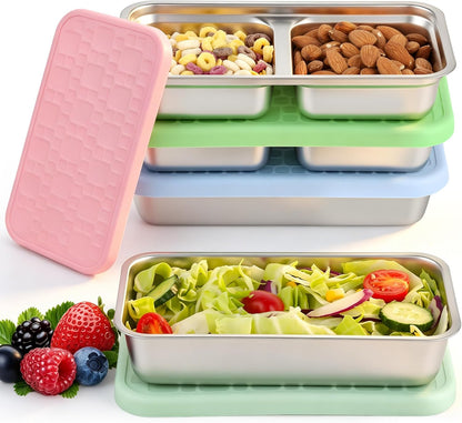 4 Pack Stainless Steel Snack Containers Set, Mixed Single & 2 Compartment Bento Boxes with Silicone Lids, Leakproof Food Storage for Meal Prep, Lunch, Travel, Picnic, Camping, Kitchen Organization