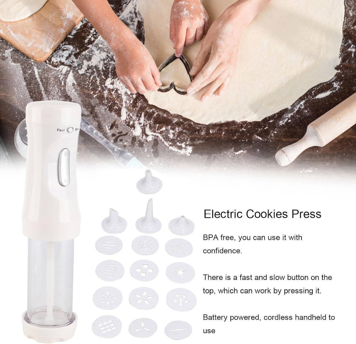 Cookie Press Set Battery Powered with 12 Discs and 4 Icing Tip