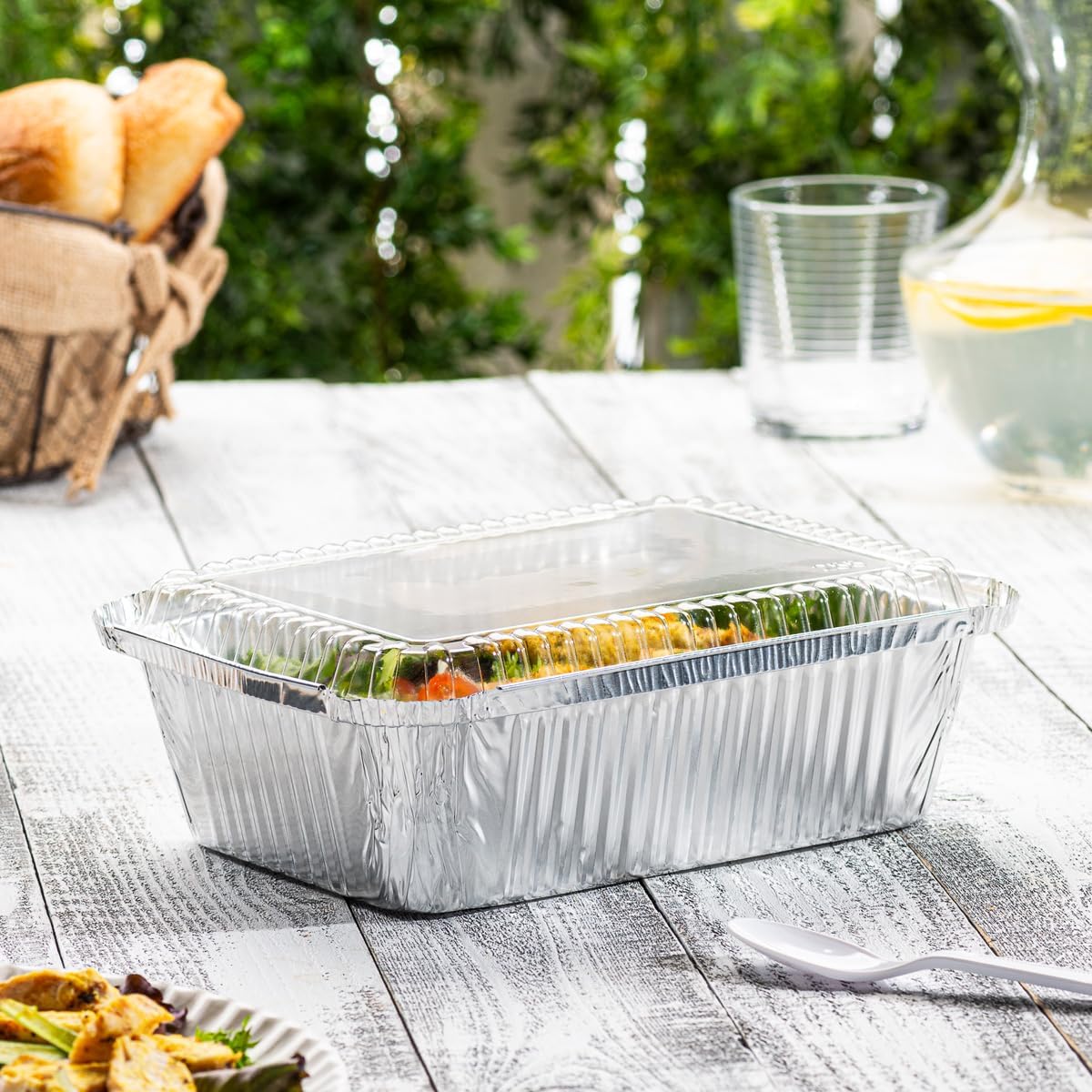 GUSTO [1 lb - 50 Count Disposable Aluminum Foil Pans with Clear Dome Lids, 5x4 Takeout Pans – Great for Baking, Cooking, Storage, and Freezing (Formerly Comfy Package)
