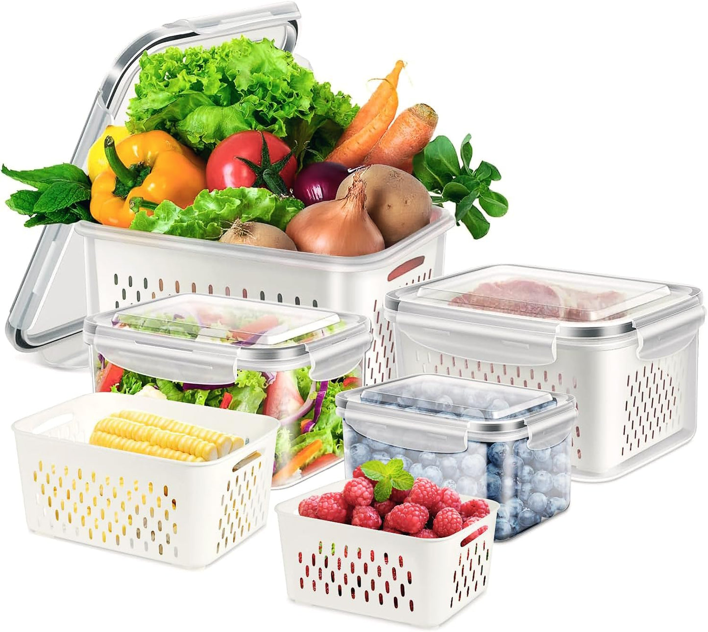 10 Pieces Fruit Storage Container for Fridge, 5 Pack Plastic Fruit Containers for Fridge with Removable Colander, Container for Fruit Berry Salad, BPA Free Kitchen Refrigerator Organizers
