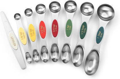 Spring Chef Stainless Steel Magnetic Measuring Spoons Set with Strong N45 Magnets, Heavy Duty Metal Kitchen Gadgets for Baking & Cooking, Fits in Most Kitchen Spice Jars, Set of 8 with Leveler, Black