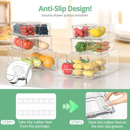 damynuo 16Pcs Fridge Organizer Bins, Clear Refrigerator Organizing Containers with Lids and Refrigerator Drawers, Stackable Food, Vegetable and Fruit Containers for Fridge Organizers and Storage