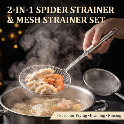 2PCS Stainless Steel Spider Strainer Set, Wire Mesh Skimmer Spoon for Frying, Noodles, Dumplings, Hot Pot & Soup