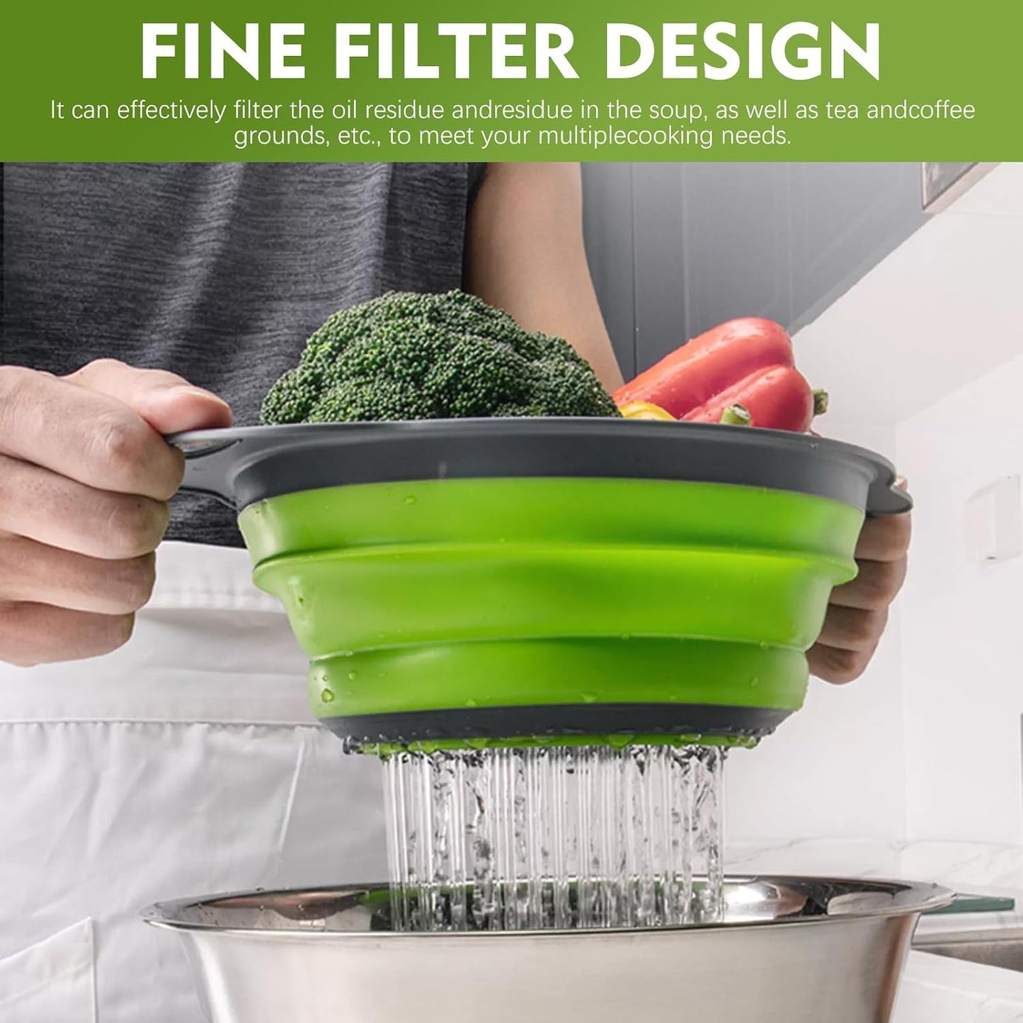 Collapsible Colander Set, 3 Pack Silicone Strainers for Kitchen-BPA Free Space Saving Design Dishwasher Safe Over Home Draining, Pasta Food Vegetables and Fruits