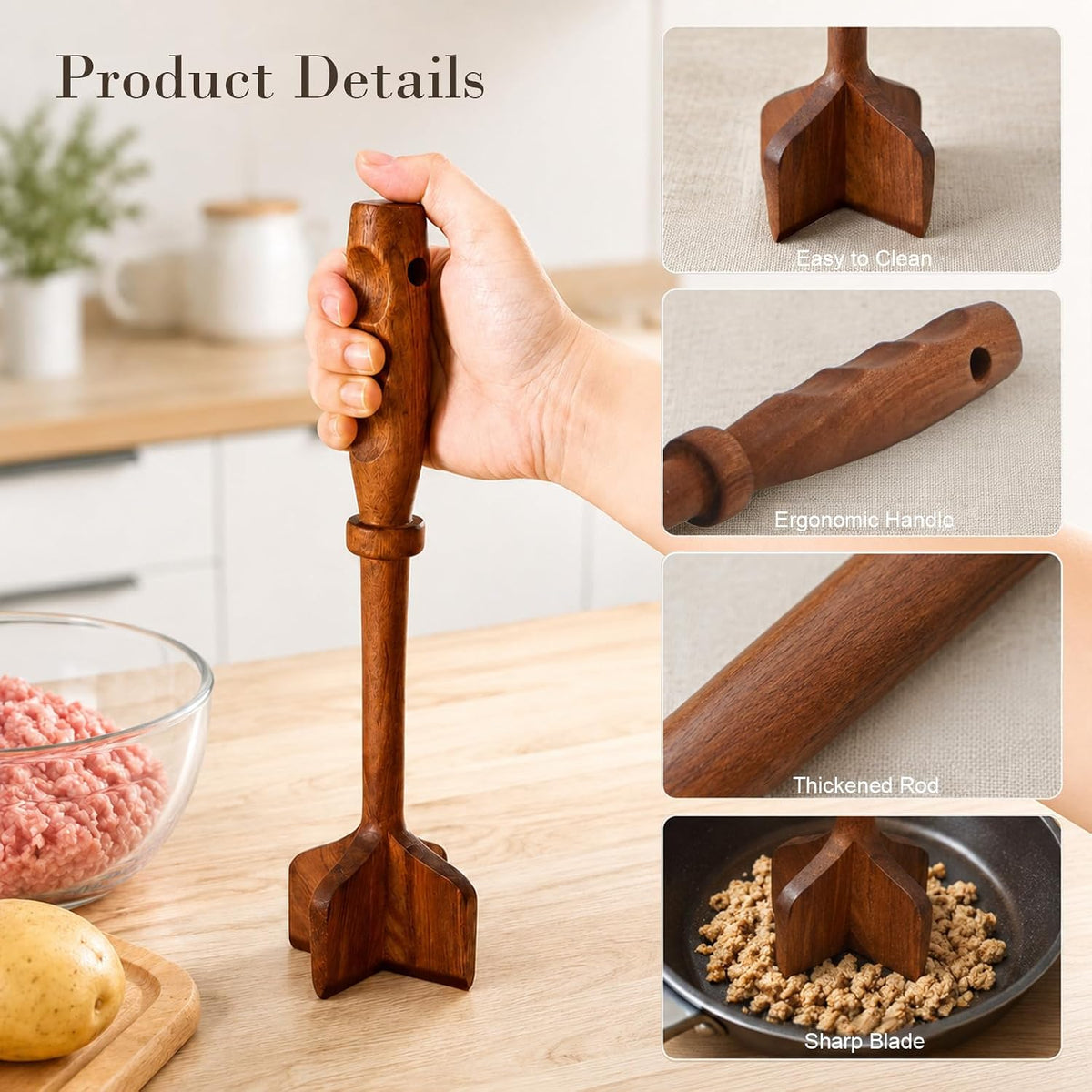 VAESIDA Wooden Ground Beef Masher/Chopper Tool, Solid Wood Meat Smasher