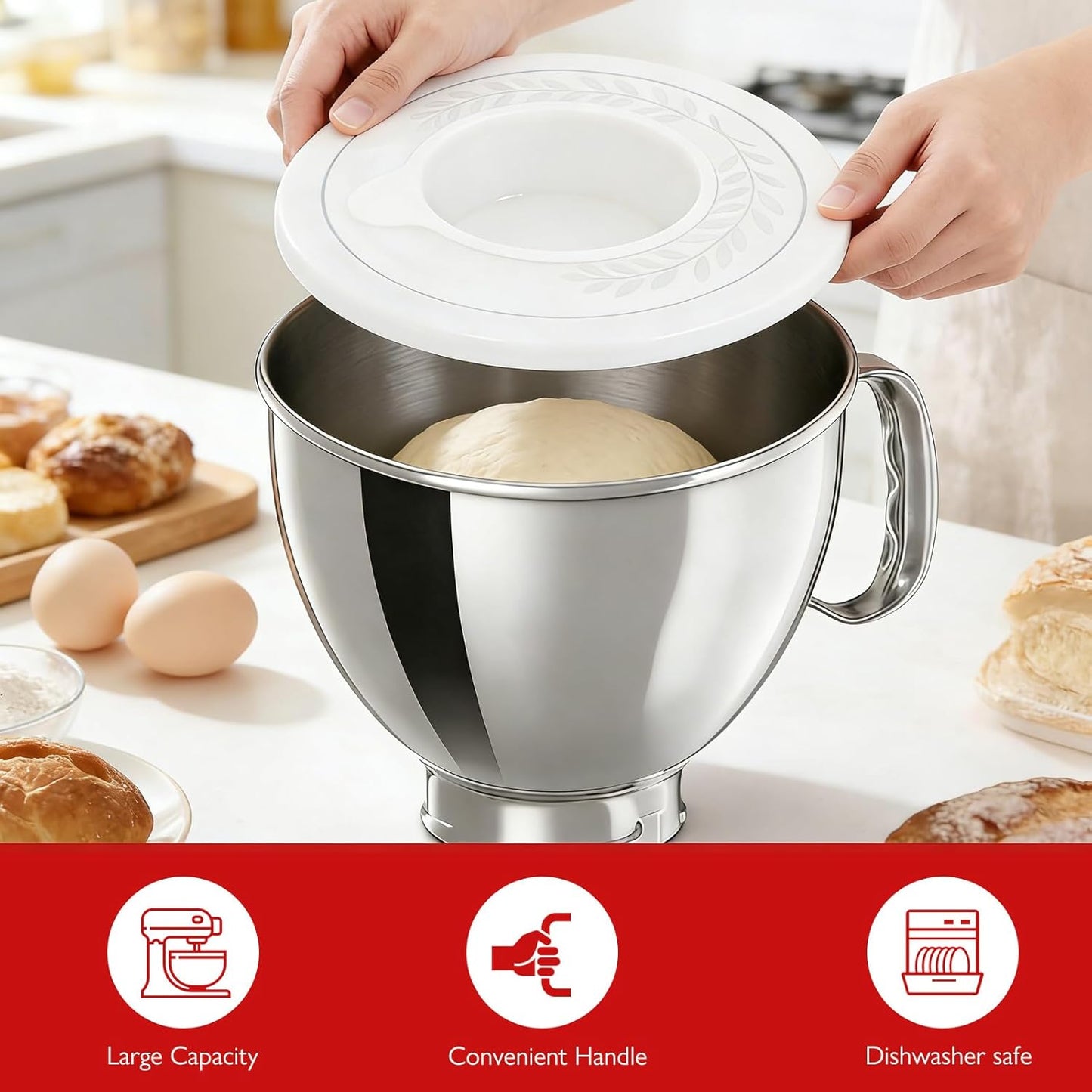 5 Quart Stainless Steel Mixing Bowl With Handle and Lid - Compatible with KitchenAid 4.5-5 QT Tilt-Head Stand Mixers (Classic & Artisan Series), Replacement Bowl for Models K45, K45SS, KSM150, KSM75